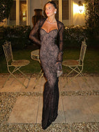 Coquettish Low Neck Maxi Dress With Lace Full Sleeve Midnight Jacquard