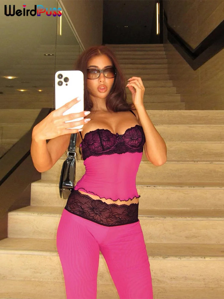Patchwork Mesh Set With Leopard Print Skinny Pants Sexy Sleeveless Crop Top Street Style