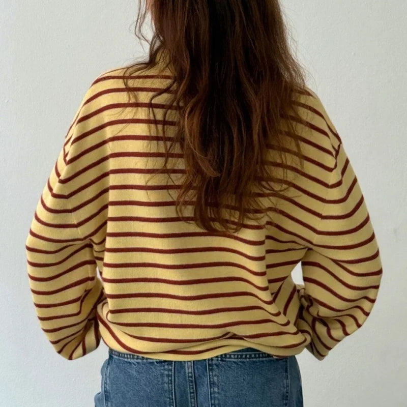 Vintage Rib Knitted Striped Collared Sweater Loose Long Sleeve Pullover Knit Top
