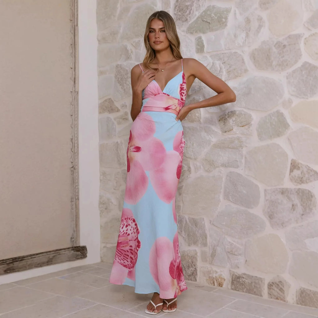 Sunlit Breeze Printed Strap Maxi Dress With V Neck Backless
