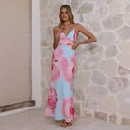 Sunlit Breeze Printed Strap Maxi Dress With V Neck Backless