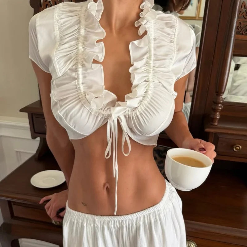 Ruffled Lace-Up Sexy Bandage Satin Top
