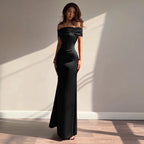 Retro Off Shoulder Satin Dress With Panel Back A Line Silhouette Long