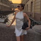Elegant Off Shoulder Polka Dot Mini Dress Sleeveless Backless High Waist