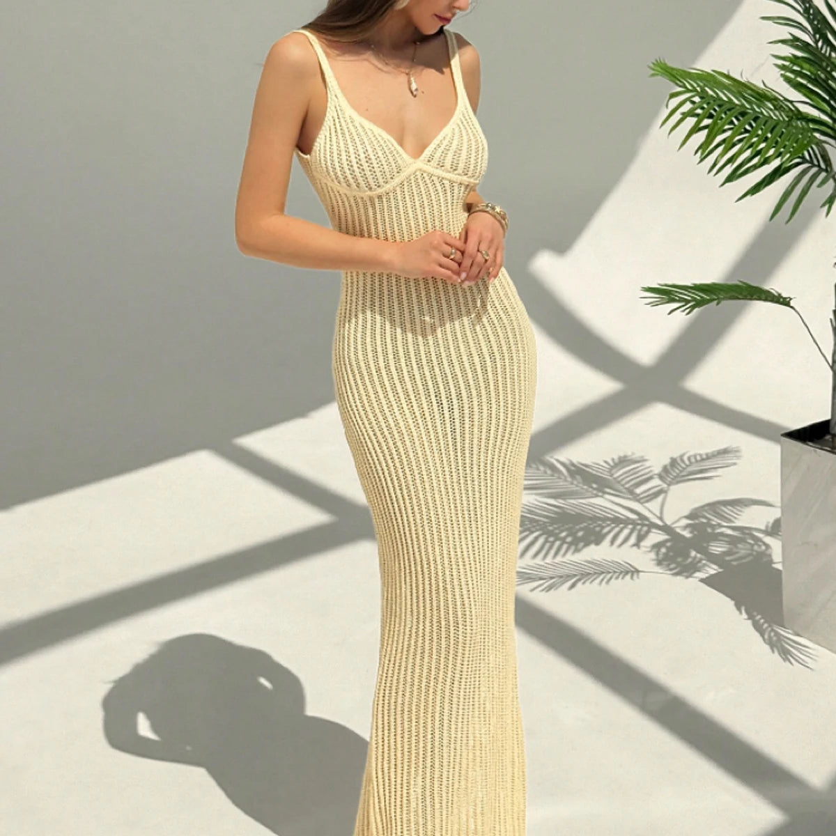 Elegant Backless Knitted Slip Sexy Hollow Out Slim-Fitting Style Dress