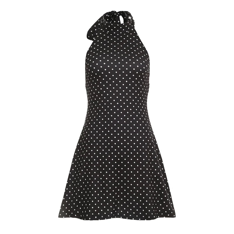 Polka Dot Halter Dress For Women Backless Mini