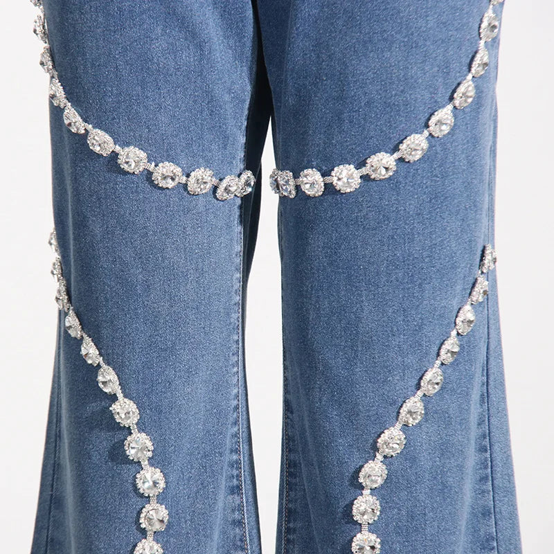 Glimmering Rhinestone Patchwork Denim With Loop Detail For A Chic Straight Leg Silhouette