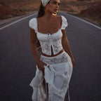 Women Two Piece Set White Lace Patchwork Off Shoulder Short Sleeve Crop Top With Long Skirt