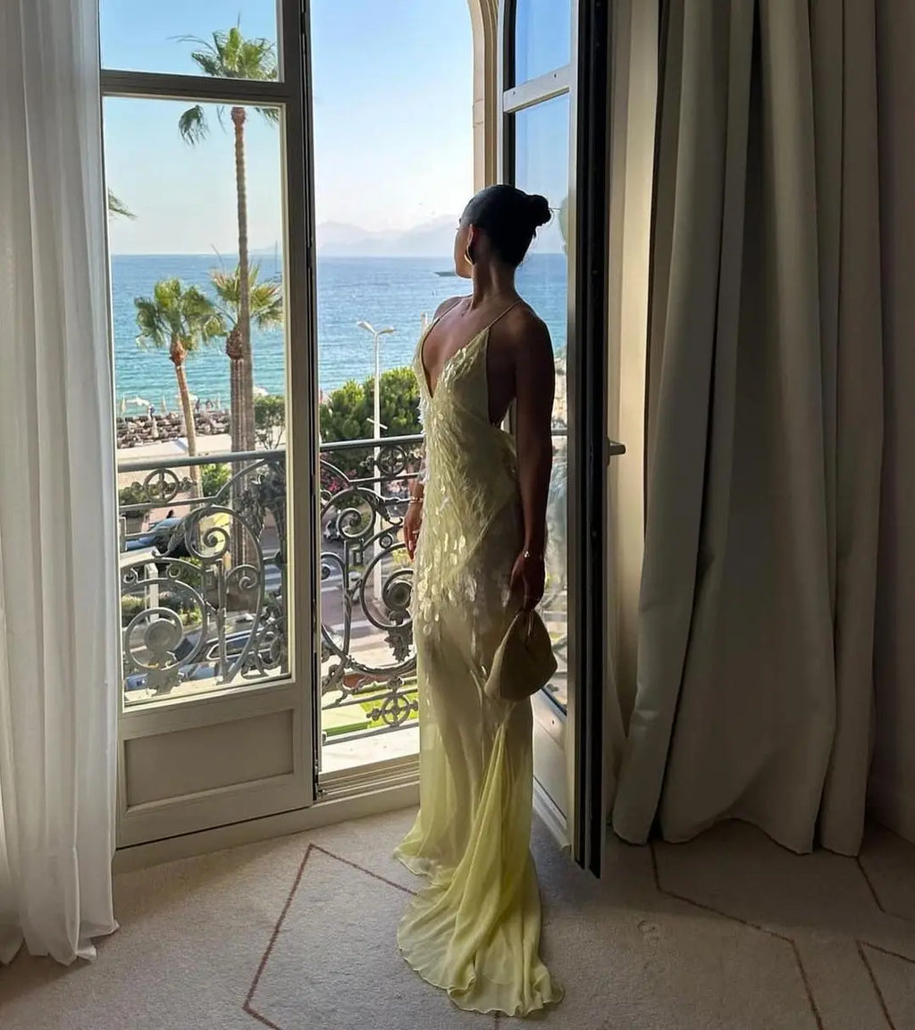 Sequin Deep V Neck Mermaid Maxi Dress Backless Sleeveless Lace Up Gown
