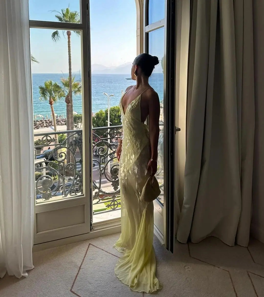 Sequin Deep V Neck Mermaid Maxi Dress Backless Sleeveless Lace Up Gown