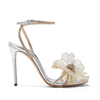 Spirulina Colored Rhinestones Organza Flowers Sandals Wisteria Straps High Heels