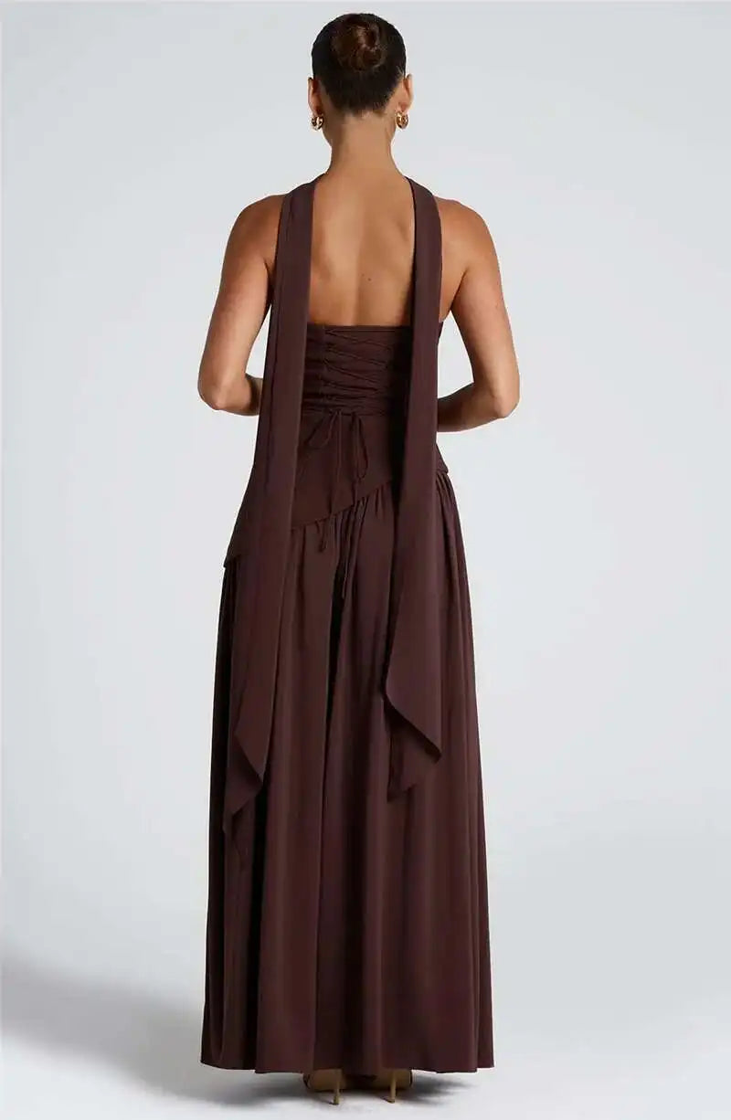Elegant Off-Shoulder Evening Gown With Patchwork Pleats And Scarf Neck High Split Long Dress