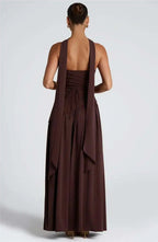 Elegant Off-Shoulder Evening Gown With Patchwork Pleats And Scarf Neck High Split Long Dress
