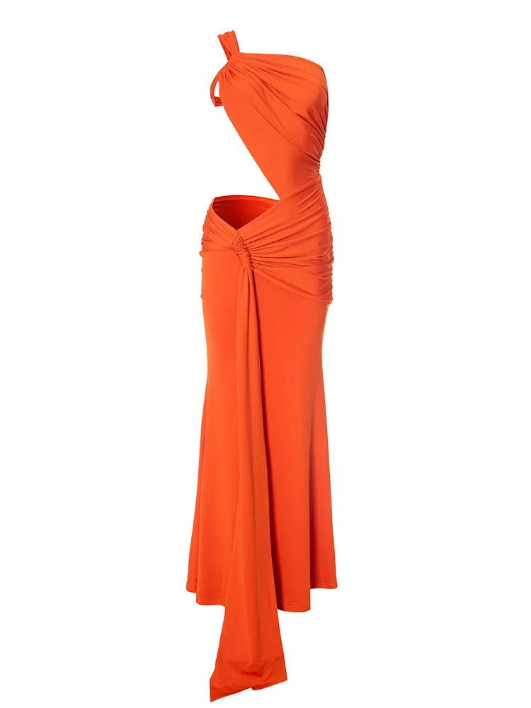 One Shoulder Backless Hollow Dress With Irregular Pleats And Tassel Patchwork
