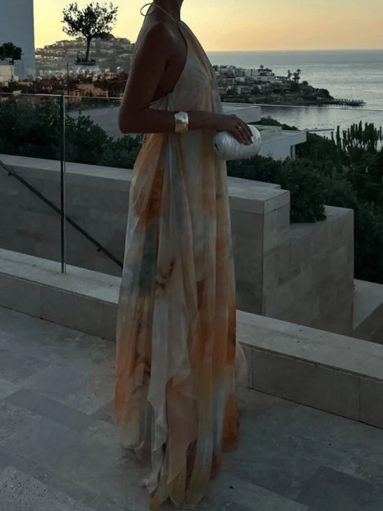 Bohemian Patterned Maxi Dress With Backless Halter Sleeveless