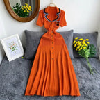 Vintage Inspired Turn Down Collar Knit Maxi Shirt Dress