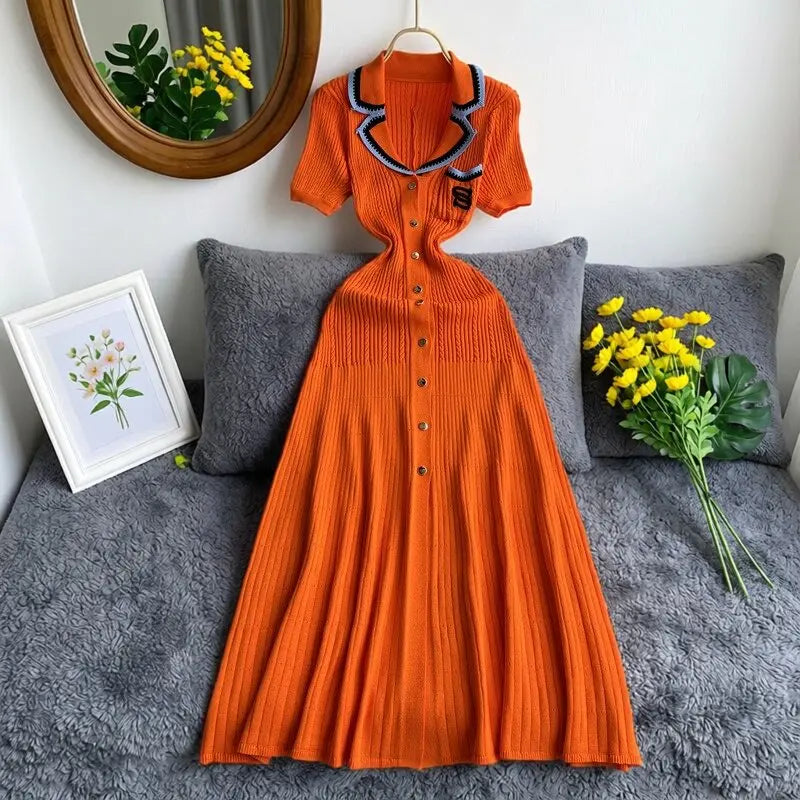 Vintage Inspired Turn Down Collar Knit Maxi Shirt Dress