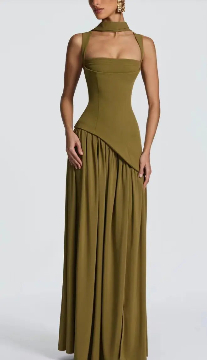 Olive Green Maxi Dress With Scarf Flowy Silhouette