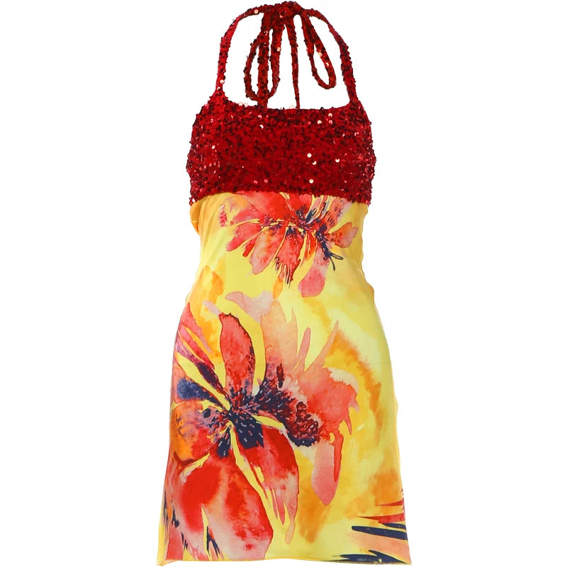 Floral Patchwork Mini Dress With Halter Backless Design
