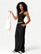 Two Piece Set With Sleek V Neck Tank Backless Detail And Wide Leg Pants
