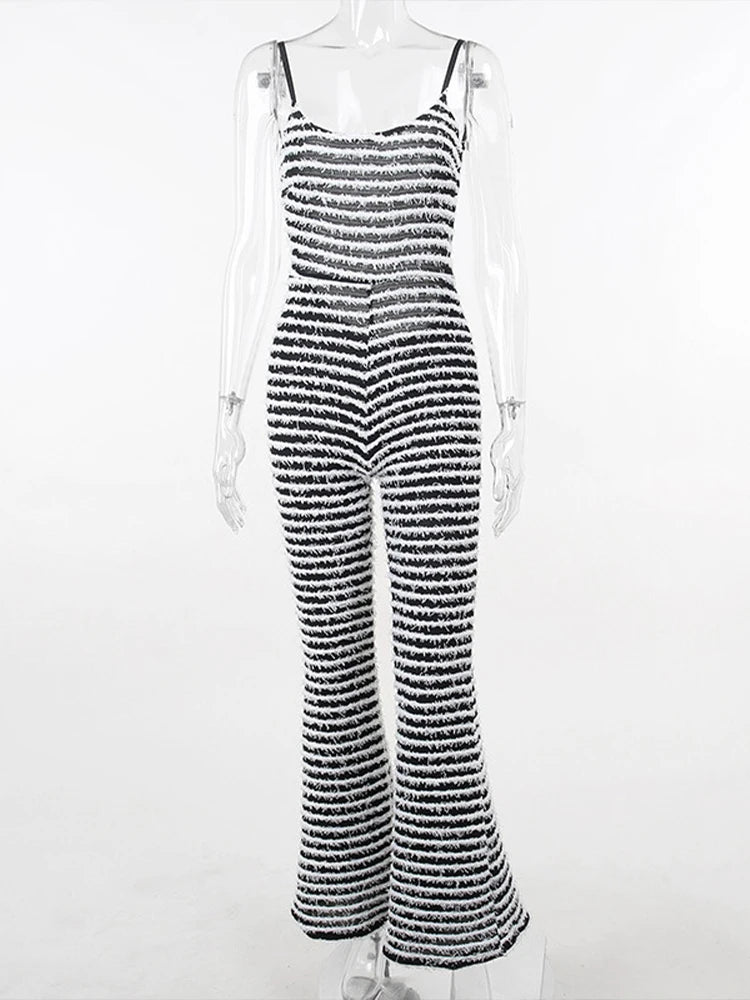 Backless Striped Jumpsuit With High Waist Flare Legs