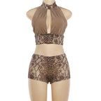 Snake Print Halter Backless Crop Top and Shorts Set Plunge Neck Bodycon Two Piece Clubwear