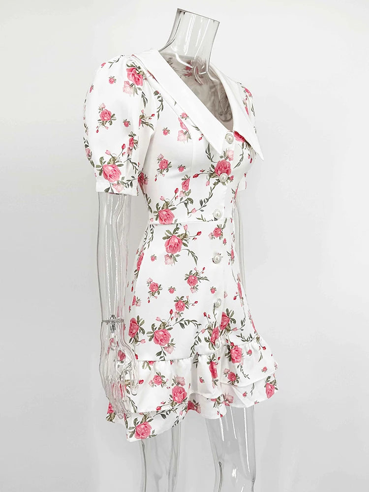 Puff Sleeves Ruffled Mini Dress With Pearl Buttons