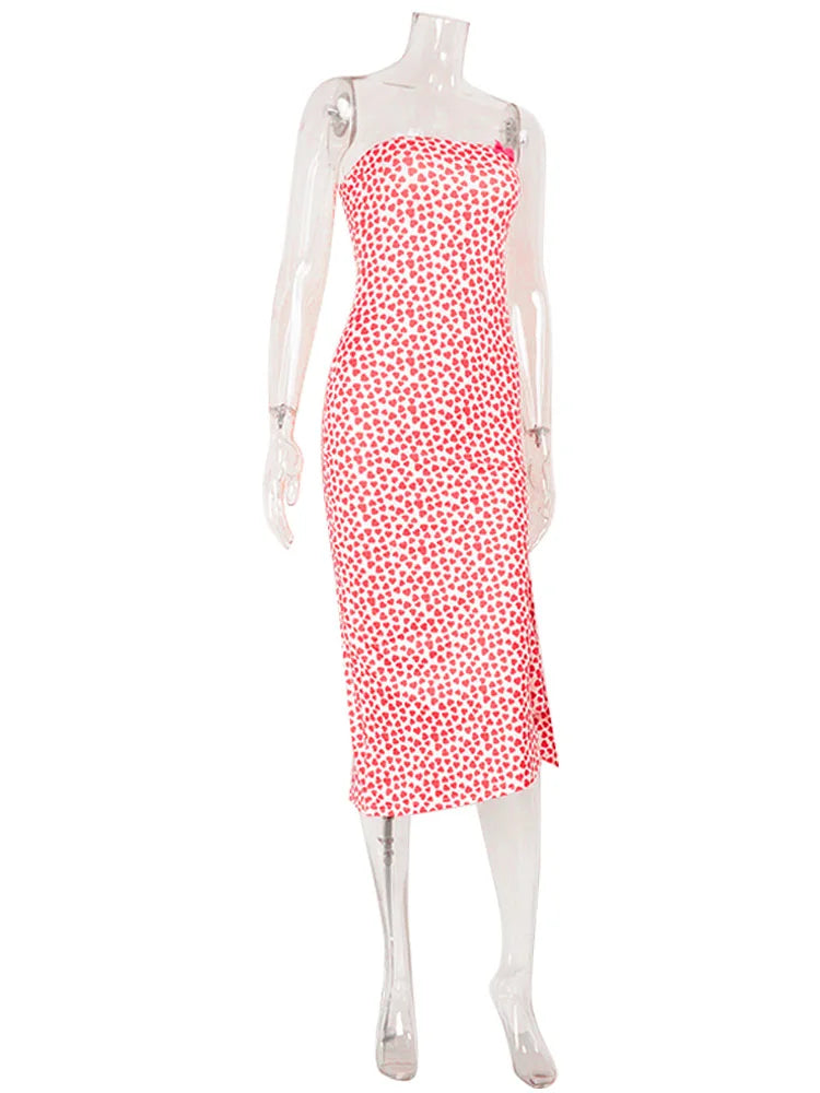 Heart Print Strapless Hip Wrap Sheath Dress