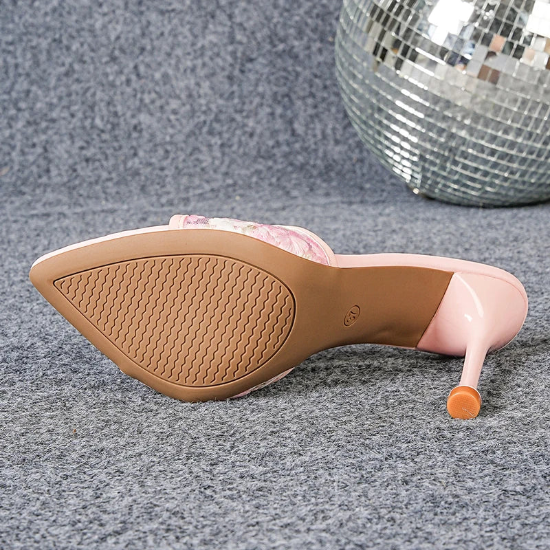 Embroidered Pointed Toe Mesh Heels Slip On Design Thin Heel