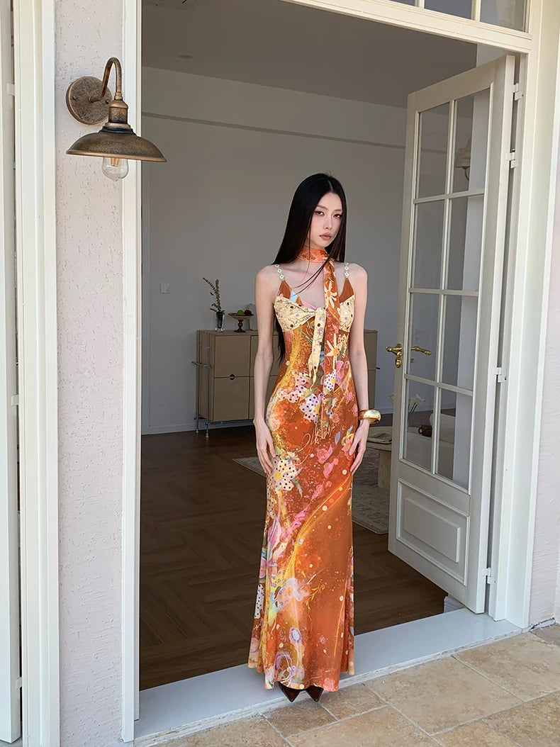 Floral Maxi Dress With Backless Design V Neck Halter Dress