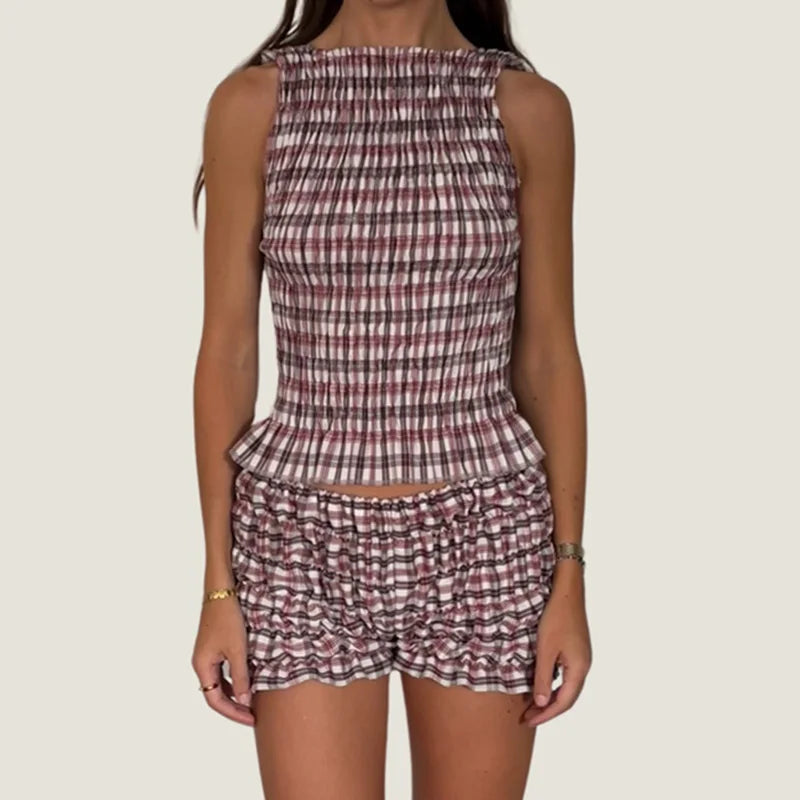 Cozy Two-piece Plaid Shorts Set With Smocked Tank Sleeveless Top And Ruffled Trim