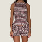 Cozy Two-piece Plaid Shorts Set With Smocked Tank Sleeveless Top And Ruffled Trim
