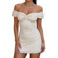 White Off-Shoulder Dress With Low Neckline Short Sleeves Mini Silhouette