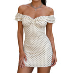 White Off-Shoulder Dress With Low Neckline Short Sleeves Mini Silhouette