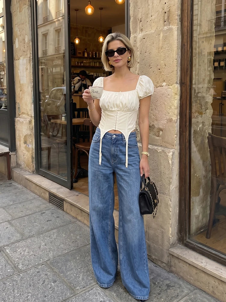 Female Slim Fit Square Neck Puff Sleeve Lace Ruched Corset Waist Short Blouse