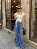 Female Slim Fit Square Neck Puff Sleeve Lace Ruched Corset Waist Short Blouse
