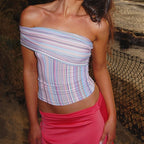 Striped Off Shoulder Crop With Wrap Neckline Bandeau Backless Sleeveless Tube Top