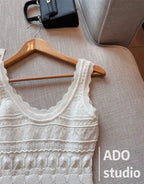 A Line Dress With Ruffled Knitted Vest For Women French Style