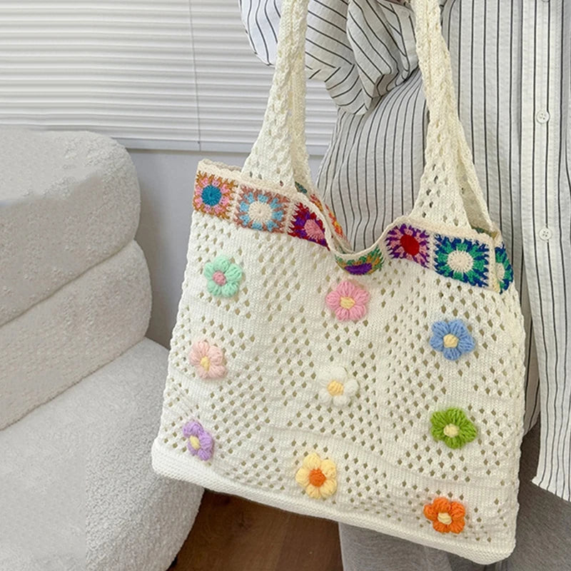 Boho Knitting Shoulder Bag With Floral Crochet