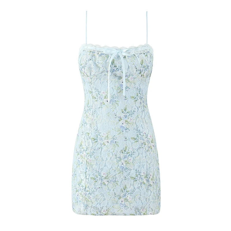 Sweet Floral Print Lace Patchwork Mini Sexy Slim Backless Strap Short Dress