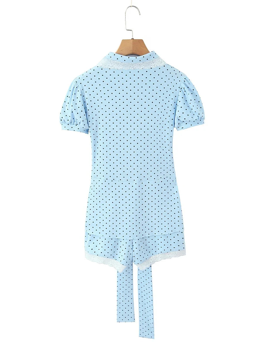 Dreamy Blue Polka Dot Puff Sleeve With Cutout Lace Trim