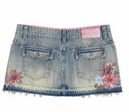 Y2K Gothic Vintage 2000s Sequin Flower Embroidery Mini Washed Blue Women Sexy A-line Skirt Low Rise Hot Girl Denim Shorts
