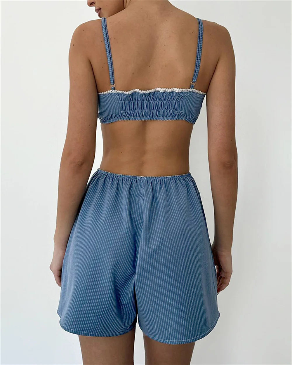 Crop Top Set With High Waist Shorts Spaghetti Strap Two- Piece
