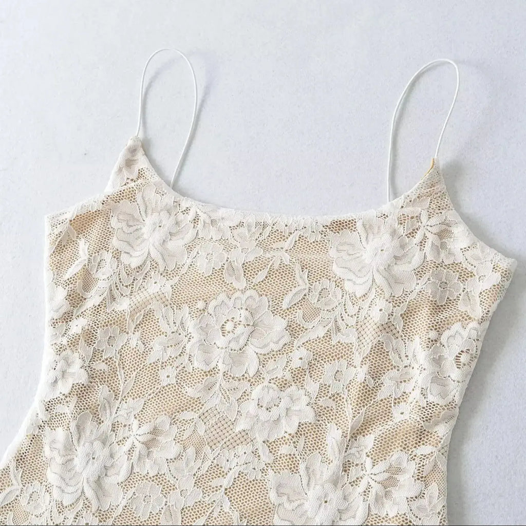 Sexy Lace See Through Bodysuit With Lining Elastic Spaghetti Straps Slim Fit