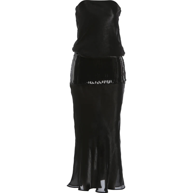 Midnight Peach Sequin Patchwork Maxi Dress Strapless