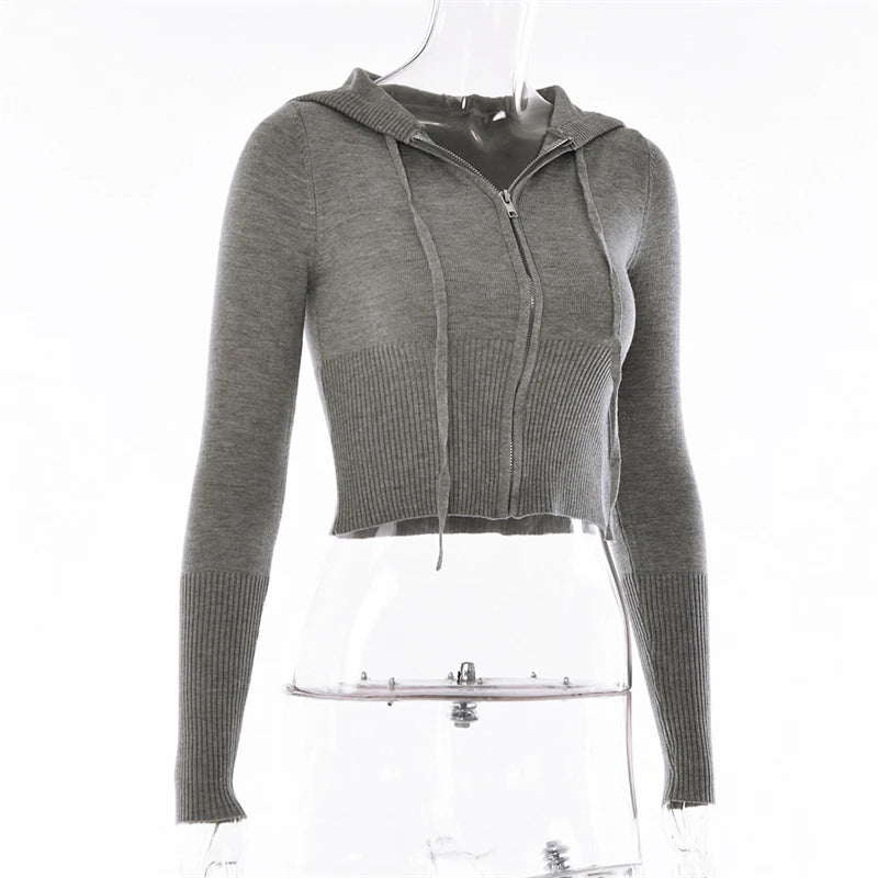 Ribbed Knit Two Piece Tracksuit Set With Hooded Crop Top And Elastic Zippered Pants