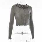 Ribbed Knit Two Piece Tracksuit Set With Hooded Crop Top And Elastic Zippered Pants