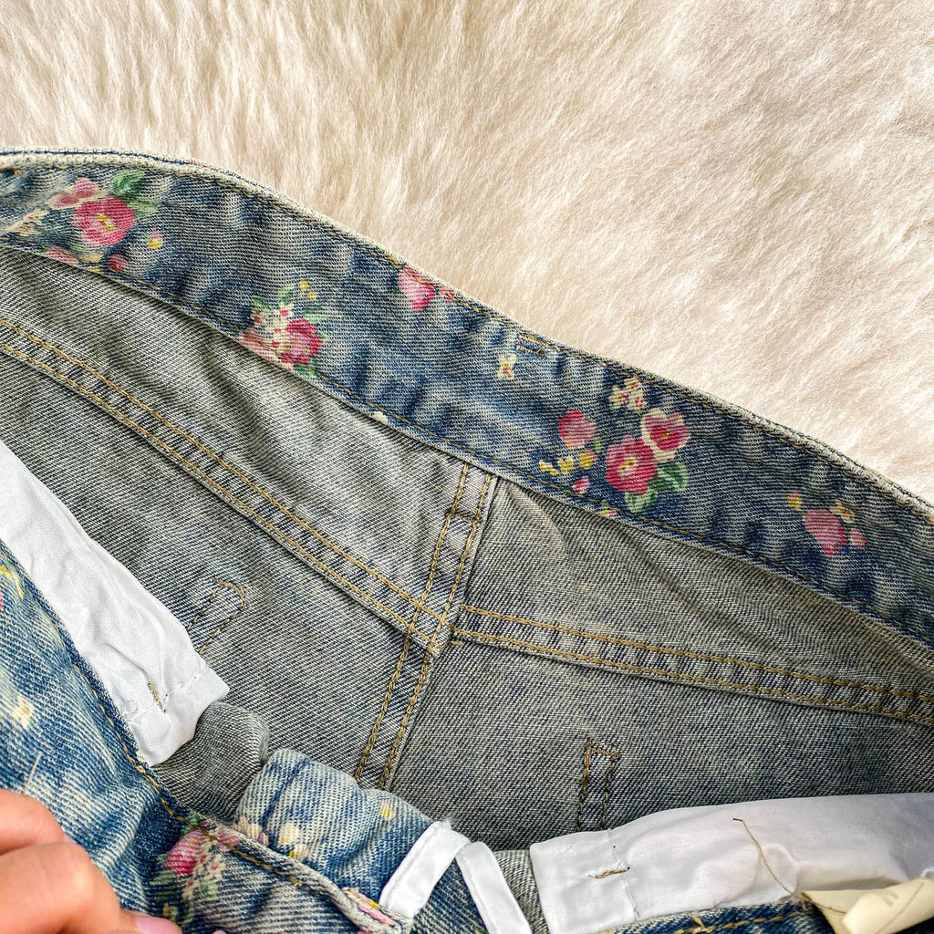 Floral Dream Denim Pants With Wide Leg Silhouette And High Waist