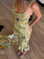 See Through Two Piece Set With Ruffles Patchwork Camisole And Tiered Skirts