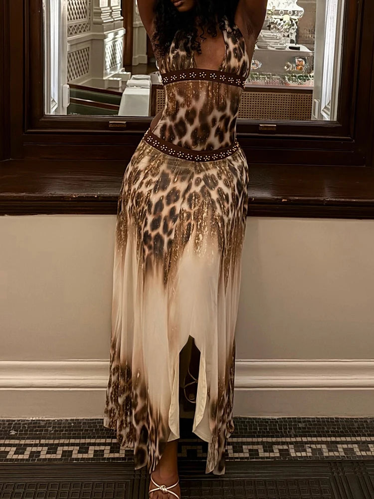 Leopard Print Halter Maxi Dress Backless Sleeveless